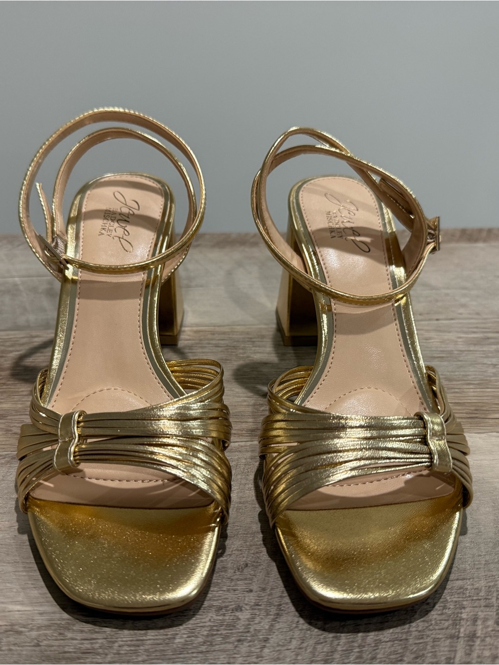 Badgley Mischka Gold Metallic Strappy Block Heels